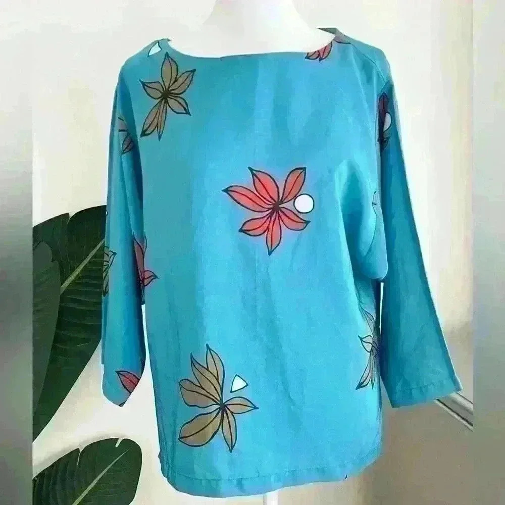 Chaus Womens Vintage Floral Blouse Size 12 Size Large Sleeve Lightweight Blue